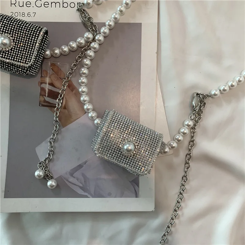 Bling Rhinestones Diamond Long Tassel Belt Pearl Chain Belt Cute Mini Bags for Women Bag Diamond Shoulder Messenger Bag Purse