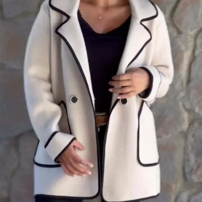 

Двусторонняя шерстяная куртка с воротником костюма Long Sve, женская модная осенне-зимняя верхняя одежда Ele Chic Sle