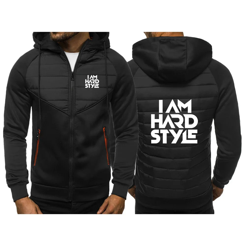 

2024 Spring Autumn Men's I Am Hardstyle Logo Print Trendy Windproof Warm Casual Patchwork Cotton Comfortable Hooded Jacket Coats