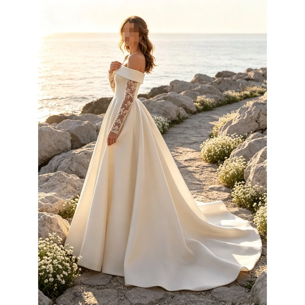 Customized Romantic Off Shoulder Satin Long Sleeves A-line Wedding Dress Elegant Removable Lace Beach Bridal Gown 2026 Women