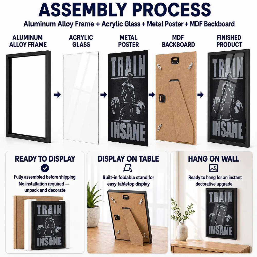 Train Insane Anime Gym Motivation Framed Aluminum Metal Poster Customized Photo Bold Typography Style Wall Art For Locker Room