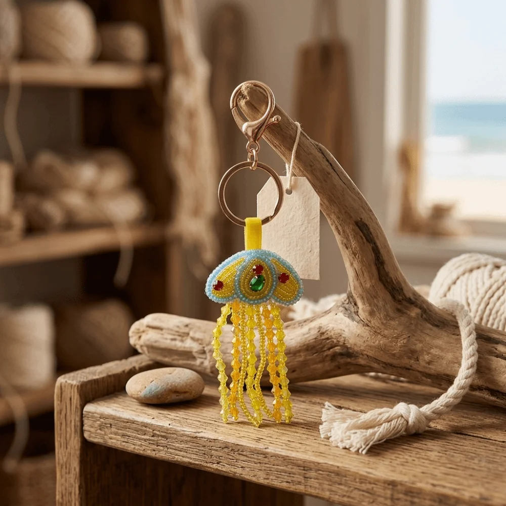 Handmade Handmade Keychain Rhinestone Beads Soft Fabric Jellyfish Patch Keychain Glossy Bead Embellishments