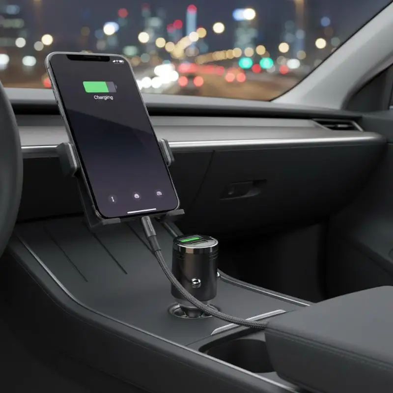 【CR】100W Mini Car Charger Dual Port 30W PD Fast Charging Invisible Design For Daily Driving Road Trips