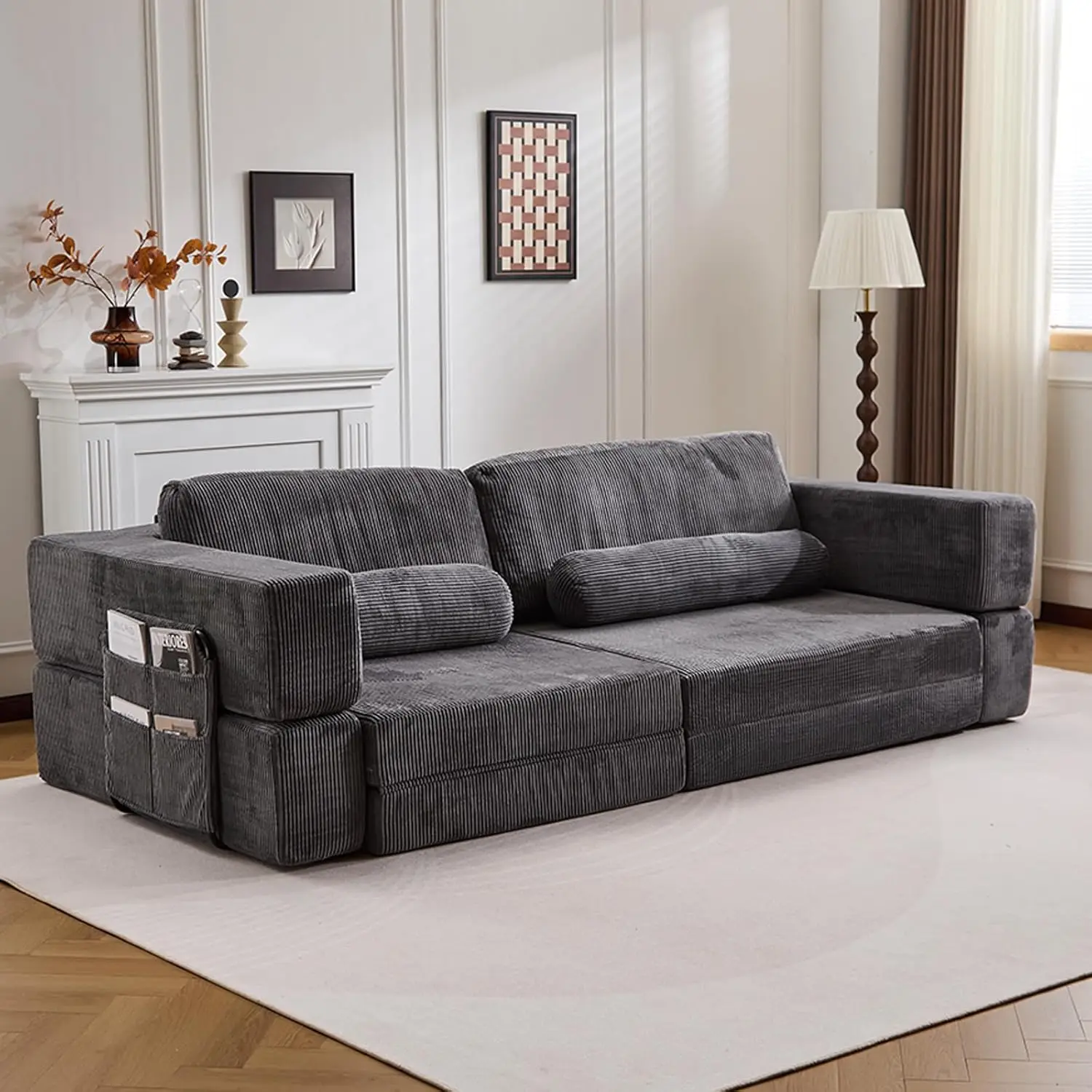4 in 1 Floor Sofa Bed, Folding Convertible Couch with Fixed-Shape Frame, Futon Boneless Sofa with Pull Out Bed & Side Pockets