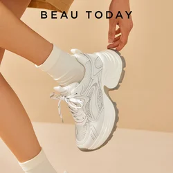 BEAUTODAY Chunky Sneakers Women Synthetic Leather Mesh Patchwork Round Toe Lace-up Thick Sole Female Casual Shoes Handmade 29A17