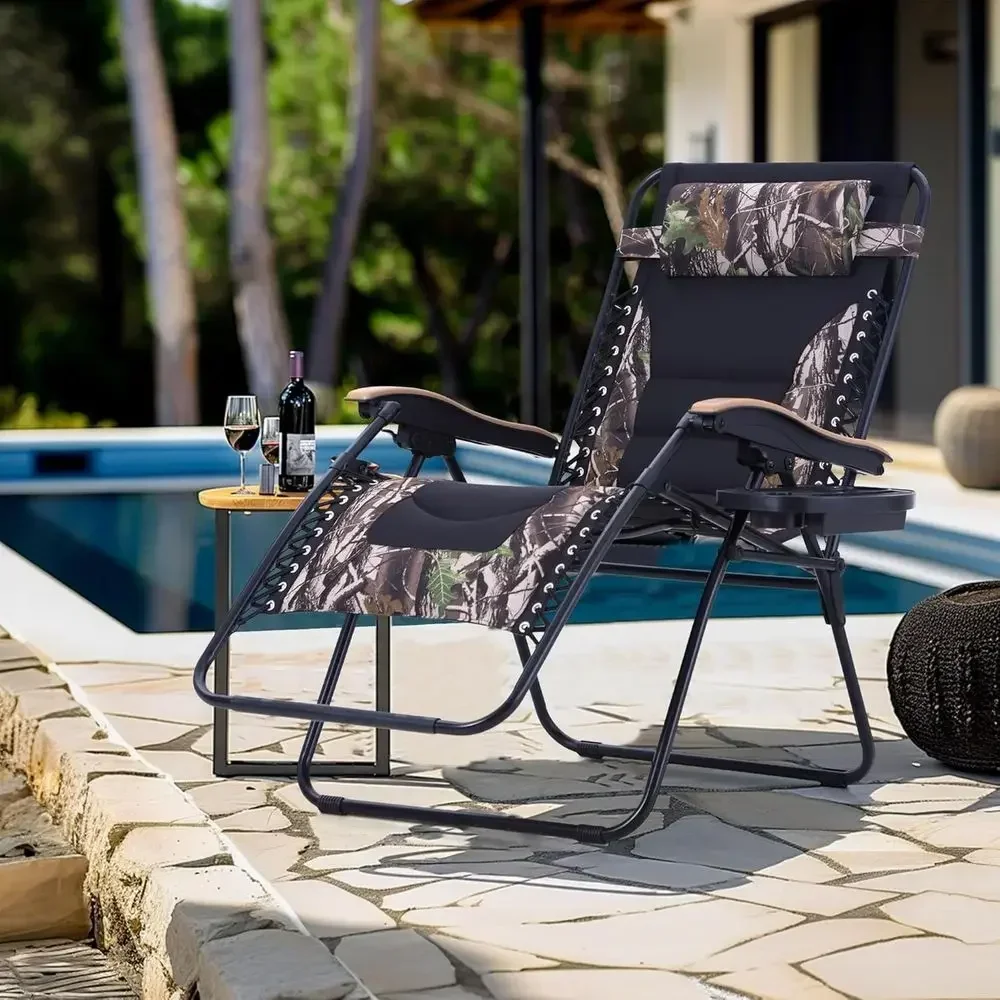 Heavy-Duty Camouflage Oversized Patio Recliner with Cup Holder, Supports Up to 400lbs