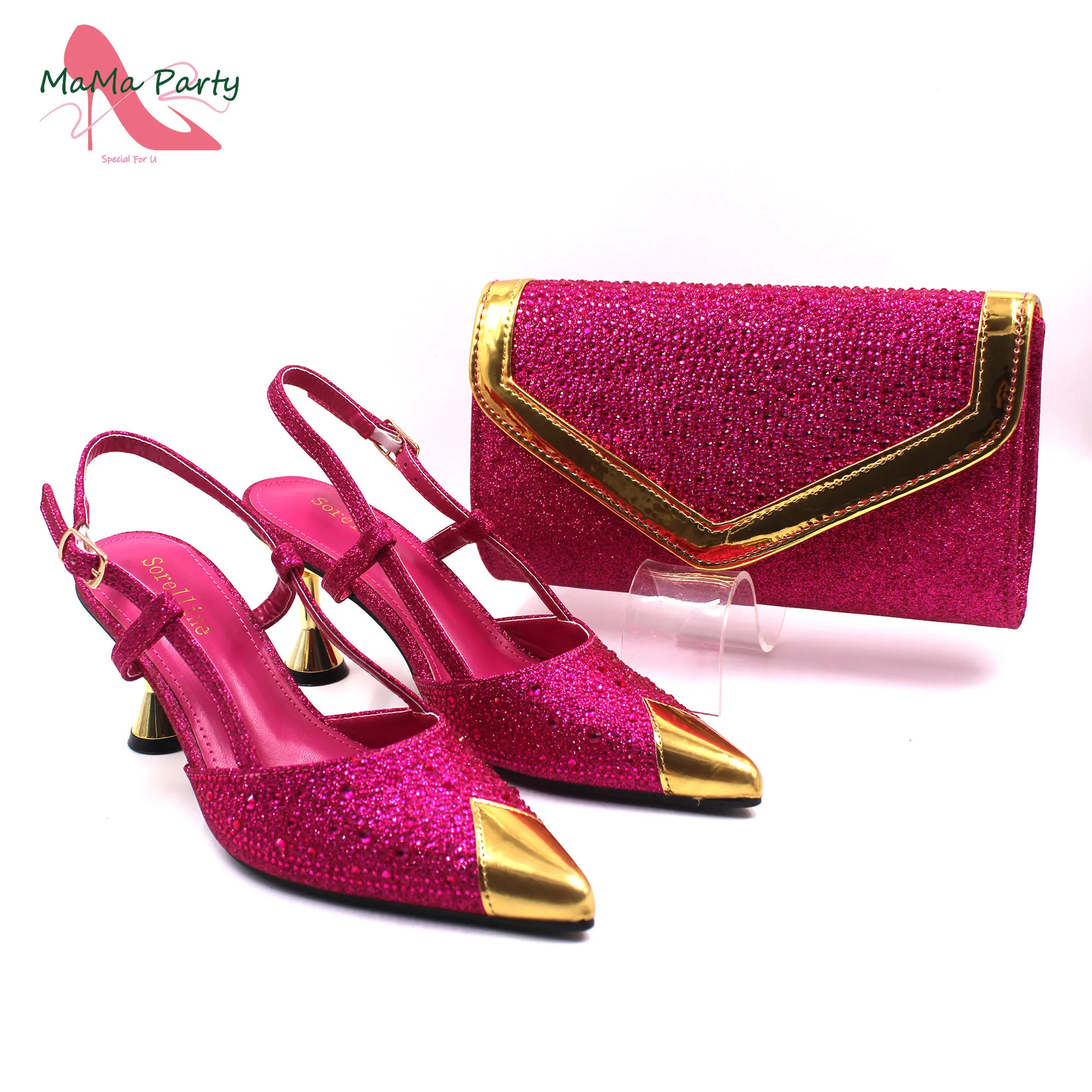 Fuchsia Color High Quality New Arrivals 2024 Italian Desing African Women Shoes and Bag Set Sweet Style Super Heels for Wedding