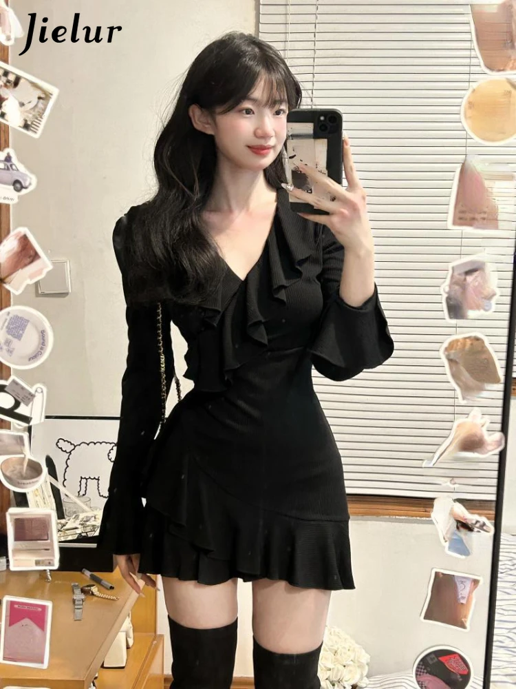 

Jielur French Elegant Black Y2k Mini Dress Caual Long Sleeve Short Party Dress Office Lady Slim Pure Color Dresses Woman Chic