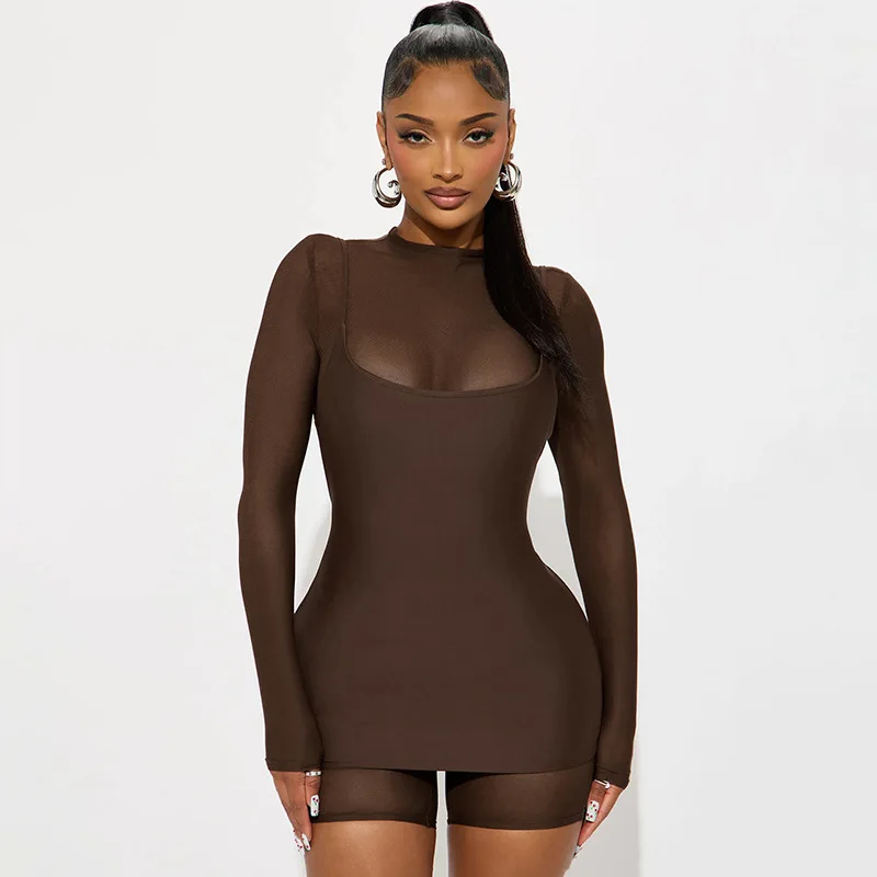 Sexy Mesh Double Lined Bodycon Mini Dress and Romper 2 Piece Set Women Sets Autumn Fashion Halter Midnight Clubwear Outfits