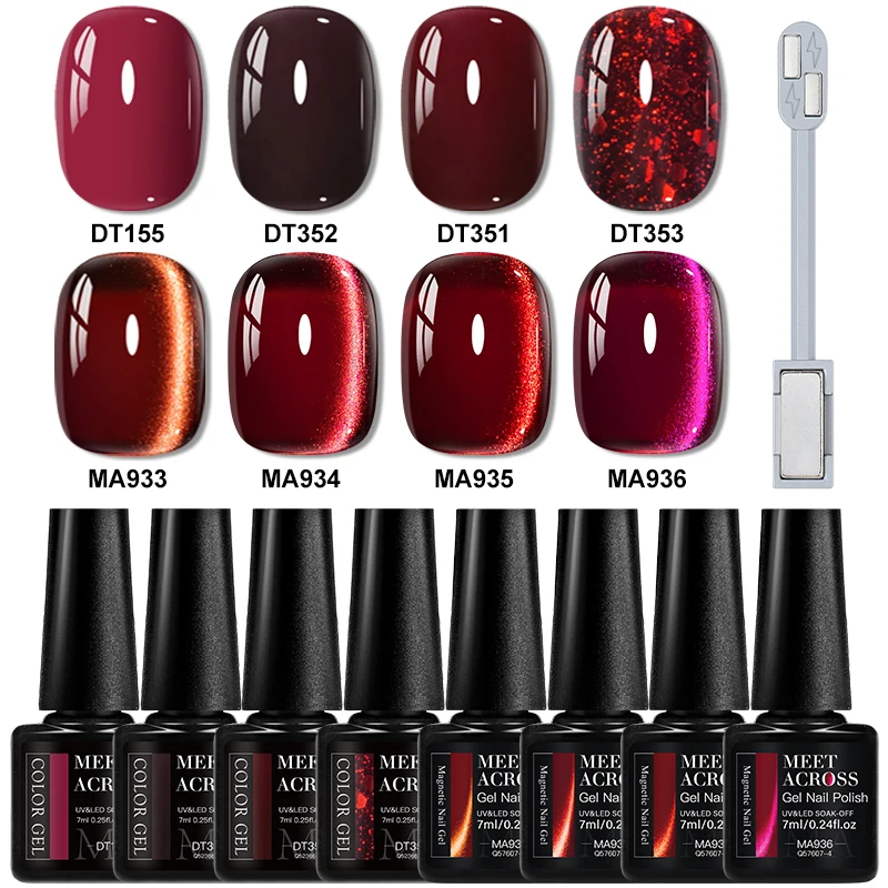 9 pz Rosso Glitter Gatto Gel Magnetico Smalto Set Vino Rosso Caffè Marrone Semi Permanente Soak Off Gel UV Vernice Unghie Artistiche Manicure