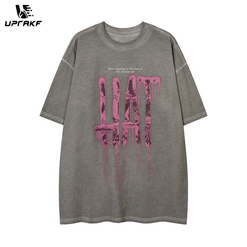 

UPRAKF Streetwear Pink Letter Print Round Neck Summer Trendy Tee Oversize Washed Casual Short Sleeve Cotton Retro