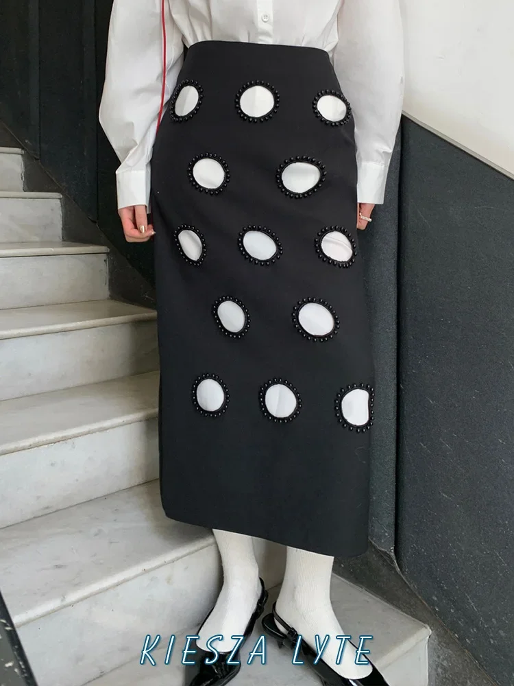

2024 New Fashion French beading high-waisted hip-hugging Skirt with Women in Black for Office Circle Hollow out Design y2k skirt