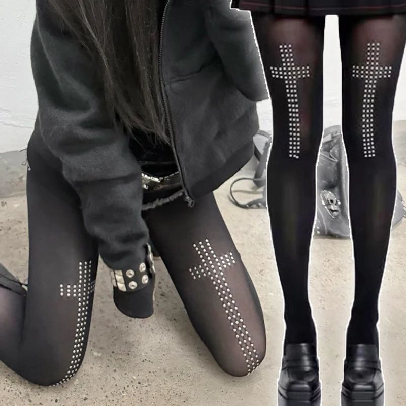 

Retro Cross Hot Drilling Pantyhose 2000s Tights Pants Elastic Aesthetics Hip-hop Street Casual Cosplay Emotional Girls Y2K Socks