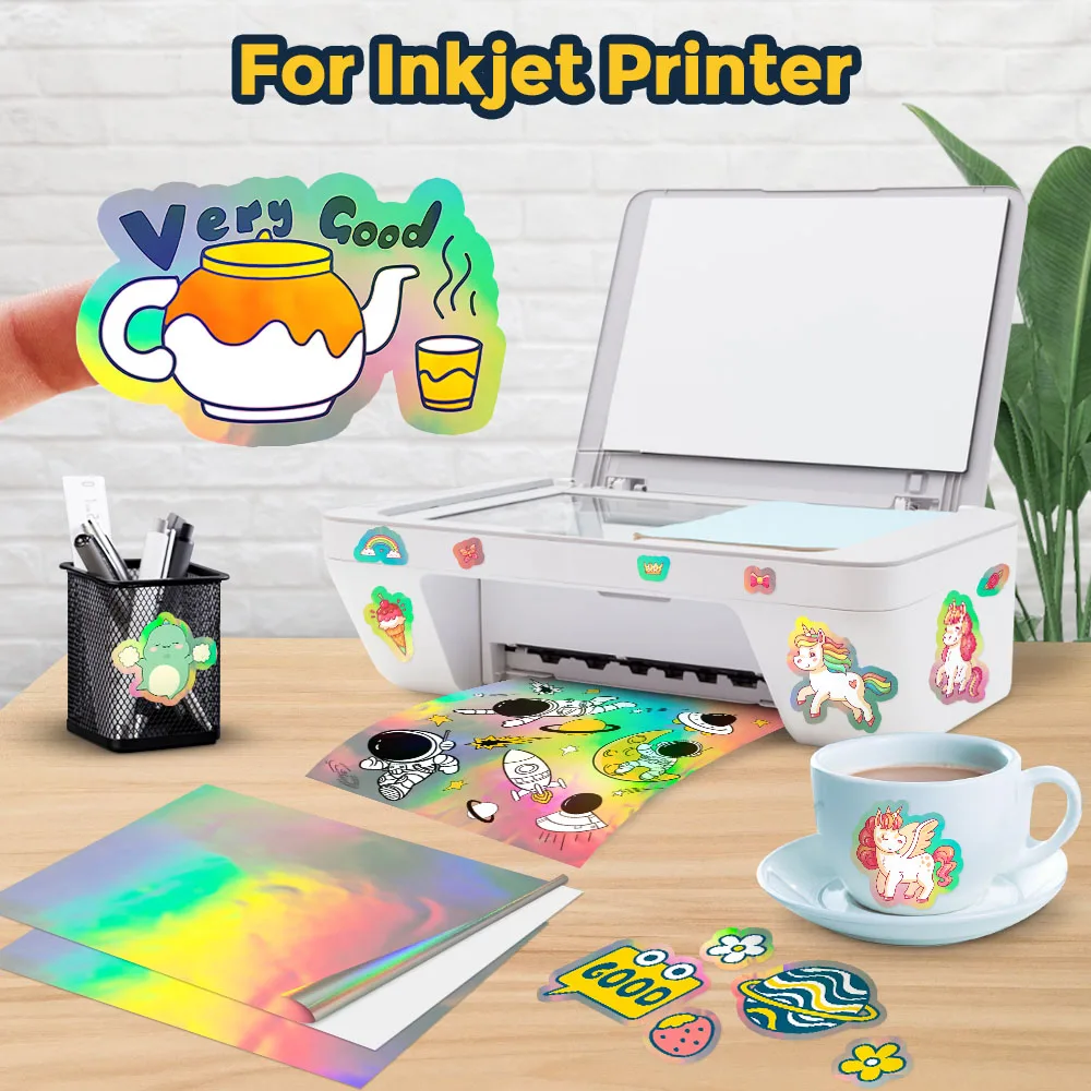 Papel adhesivo de vinilo imprimible mate brillante A4, 10 hojas de papel de copia autoadhesivo para impresora de inyección de tinta, manualidades DIY, papel impermeable