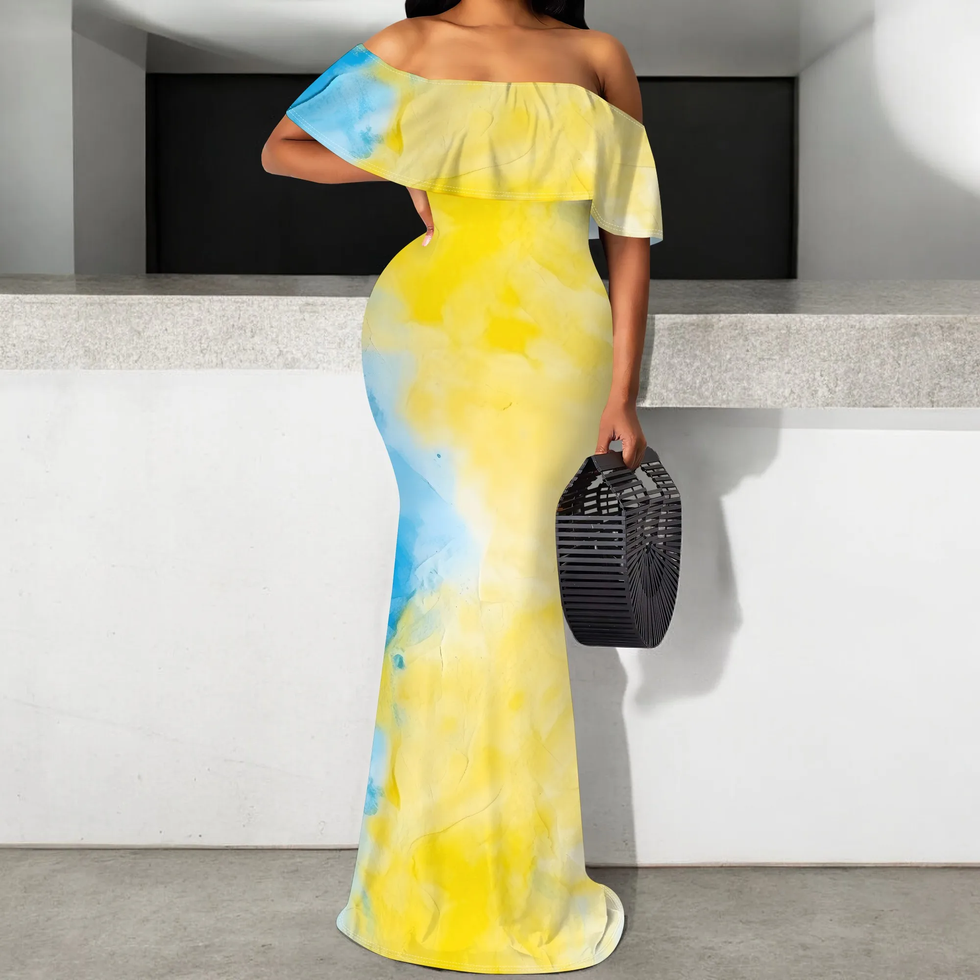

Yellow Blue Watercolor Off Shoulder Maxi Dress S-3XL Ruffle Mermaid Style for Beach Vacation, Summer Party or Cruise Look