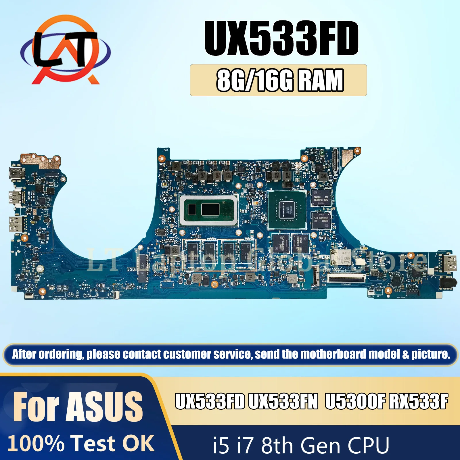 

UX533FN laptop motherboard support ASUS ZenBook UX533FD RX533F U5300F Mainboard I5 I7 8th with CPU GTX1050/MX150 8GB/16G RAM ddr