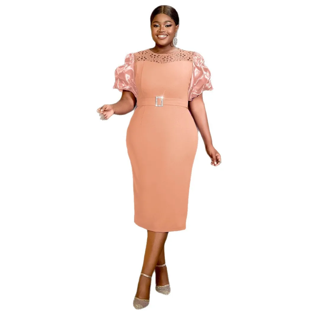 

African Elegant Midi Dress with Puff Sleeves Rhinestone Package Hip Lace Short Sleeve O-Neck for Cocktail Party Evening Dresses