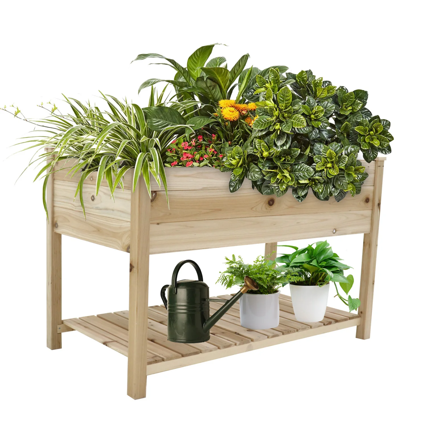 Raised Garden Bed Planter Box with Legs & Storage Shelf Wooden Elevated Vegetable Growing Bed for Flower/Herb/Backyard/Patio/Bal