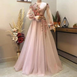 New Arrival Pink 3D Flowers Women Prom Dress Fashion V-Neck Long Sleeves A-line Party Dress Elegant Floor Length Evening Gown