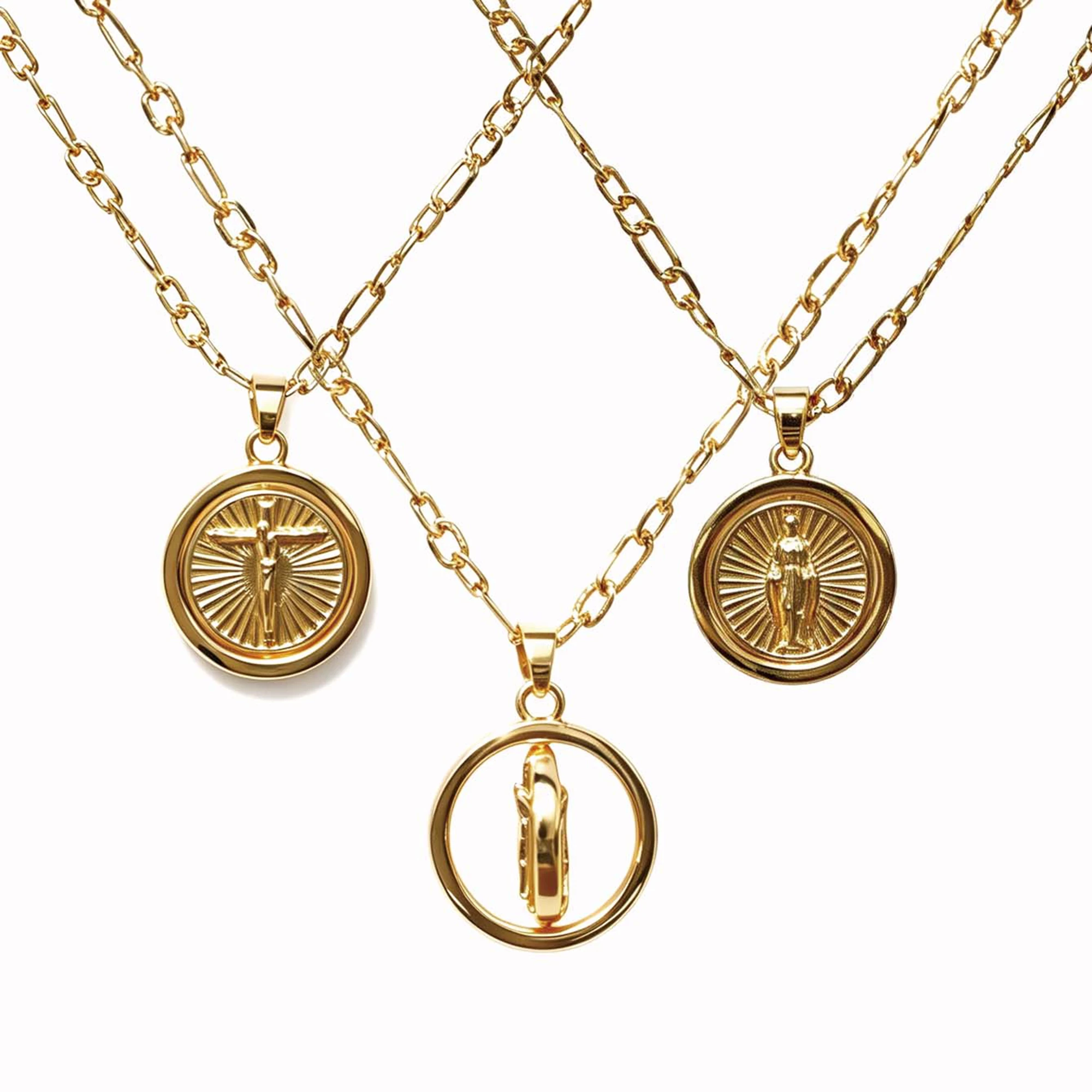 Pure Copper Rotatable Double‑Sided Dual‑Image Pendant Necklace Crucifix Jesus and the Virgin Mary Unisex Religious Jewelry Gift