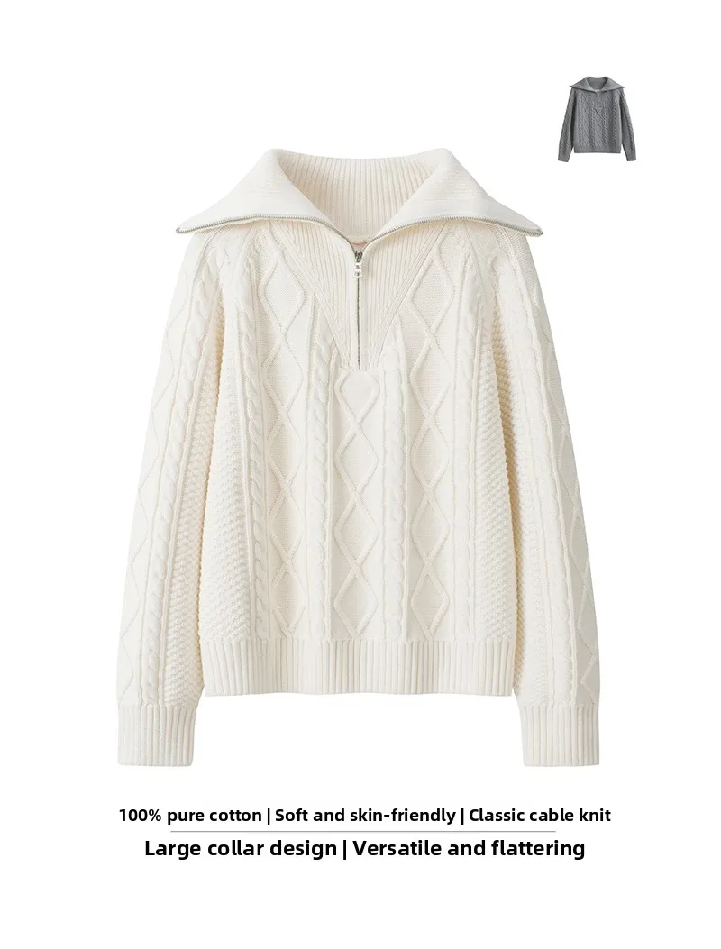 

00% Pure Cotton Women's Knitted Twist Sweater Vintage Large Collar f Zip Loose Top Versatile Comfortable Long Sve irt