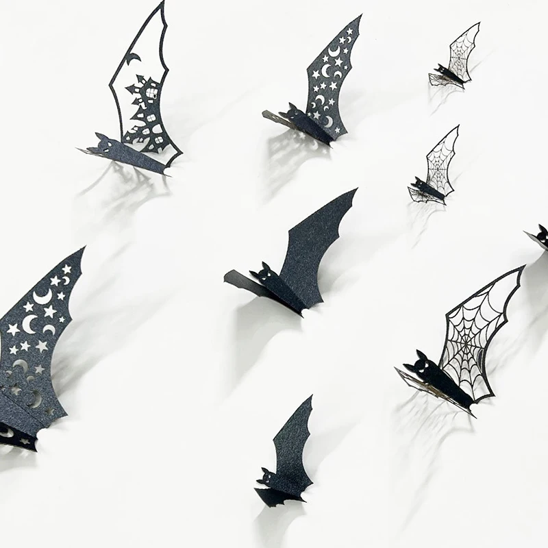 3D Hollow Out Bat Sticker 48PCS/Set Mixed Various Size Black Horror Bats DIY Decorations for Thrilling House Halloween Party ZYF