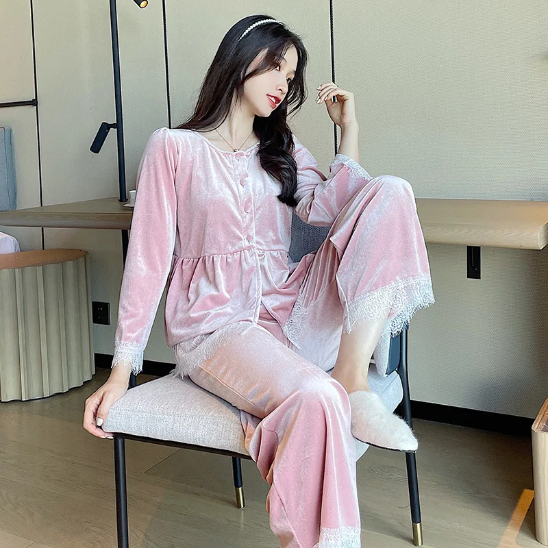 Autumn Winter Velvet Nightwear Pyjama Femme Trouser Suit Sleepwear Set Velour Pajamas Female 2PCS Sexy V-Neck Lace Homewear