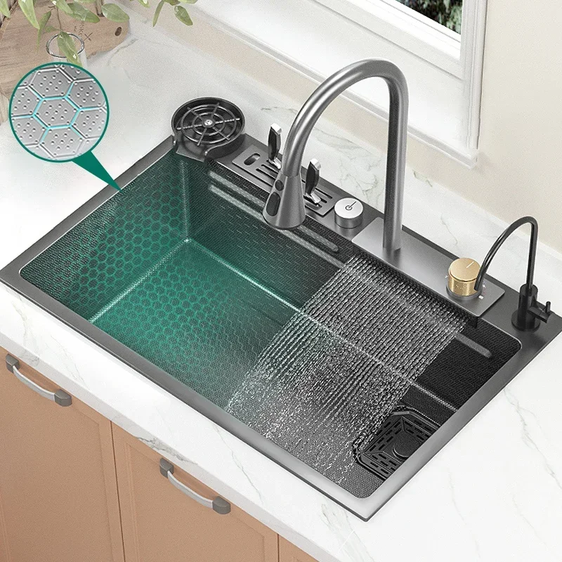 

Large Single Sink Embossed Honeycomb Kitchen Stainless Steel Waterfall Sink Household Dishwashing For Kitchen