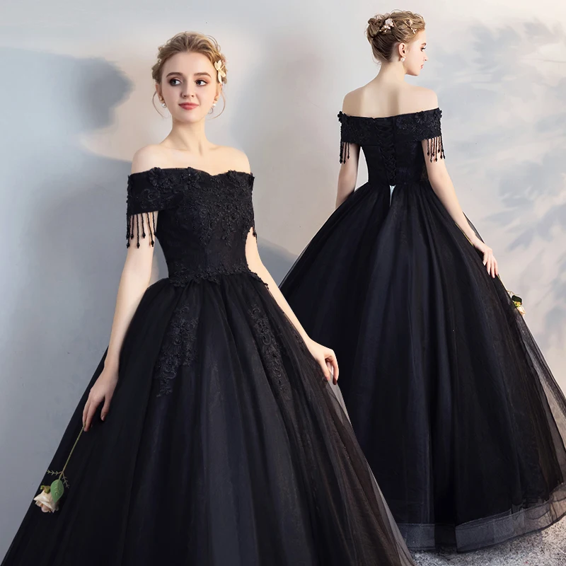 

New Black Off The Shoulder Wedding Dress Classic Beading Flowers Appliques Ball Gown Sleeveless Long Bride Dress Vestido Noiva