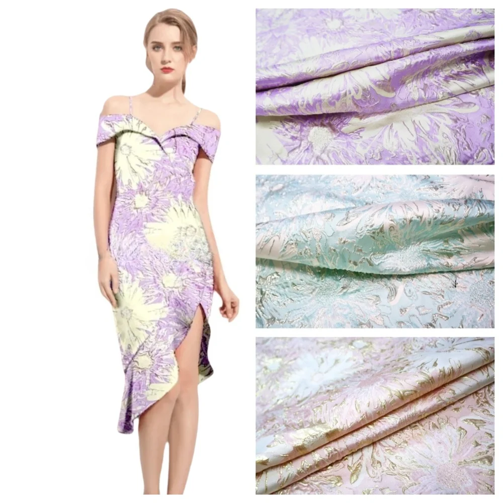 

Золотая шелковая парча, жаккардовая ткань, окрашенная в пряжу, большое платье с цветочным тиснением, ветровка, европейский бренд, модный дизайн, ткань для шитья