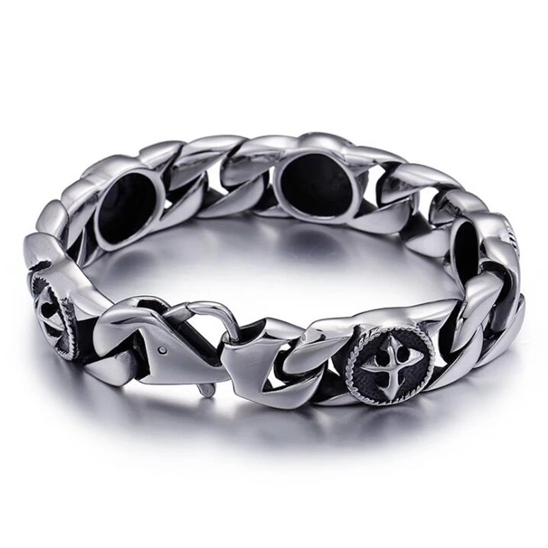15mm Heavy Punk Retro Cross Curb Cuban Chian Bracelet Wristband Men Women Hiphop Rock Stainless Steel Biker Bike Bangle Jewelry