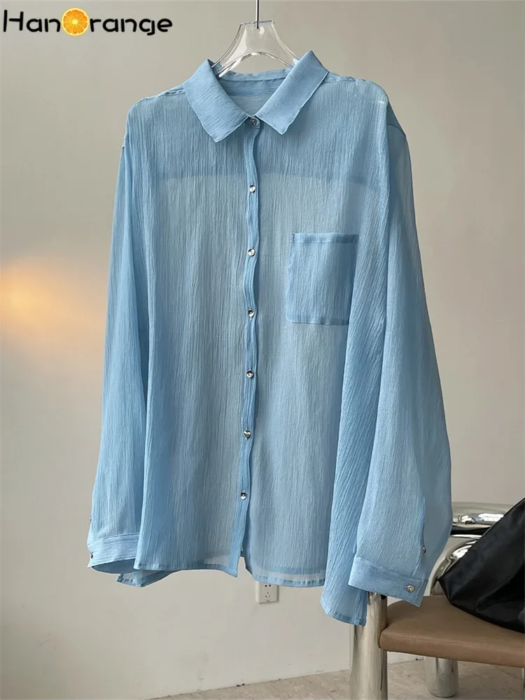 HanOrange 2024 Summer Gentle Hazy Lazy Folded Lapel Shirt Women Loose Thin Light Casual Top Female Light Blue