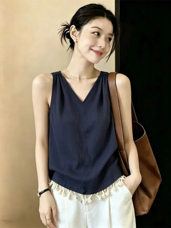 

Blue V-neck Shoulder-length Strapless Vest Women's Outerwear Summer New Style Fat MM Tassel Hem Sleeveless Top