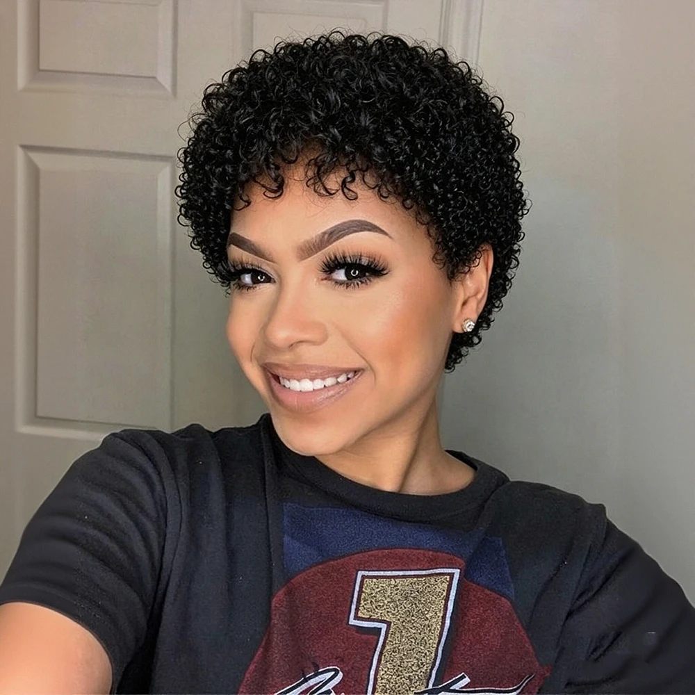Perucas Afro Kinky Curly de 4 polegadas, curtas, estilo pixie, de cabelo humano com franja pré-arrancada para mulheres, cabelo brasileiro, feitas à máquina.