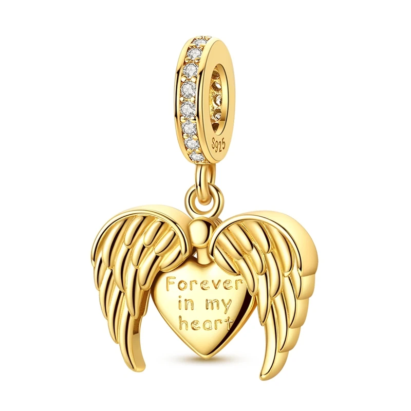 

925 Sterling Silver Golden Charms Bead CZ Zircon Foldable Wings Heart Dangle Fit Original Bracelet DIY Women Jewelry Gift