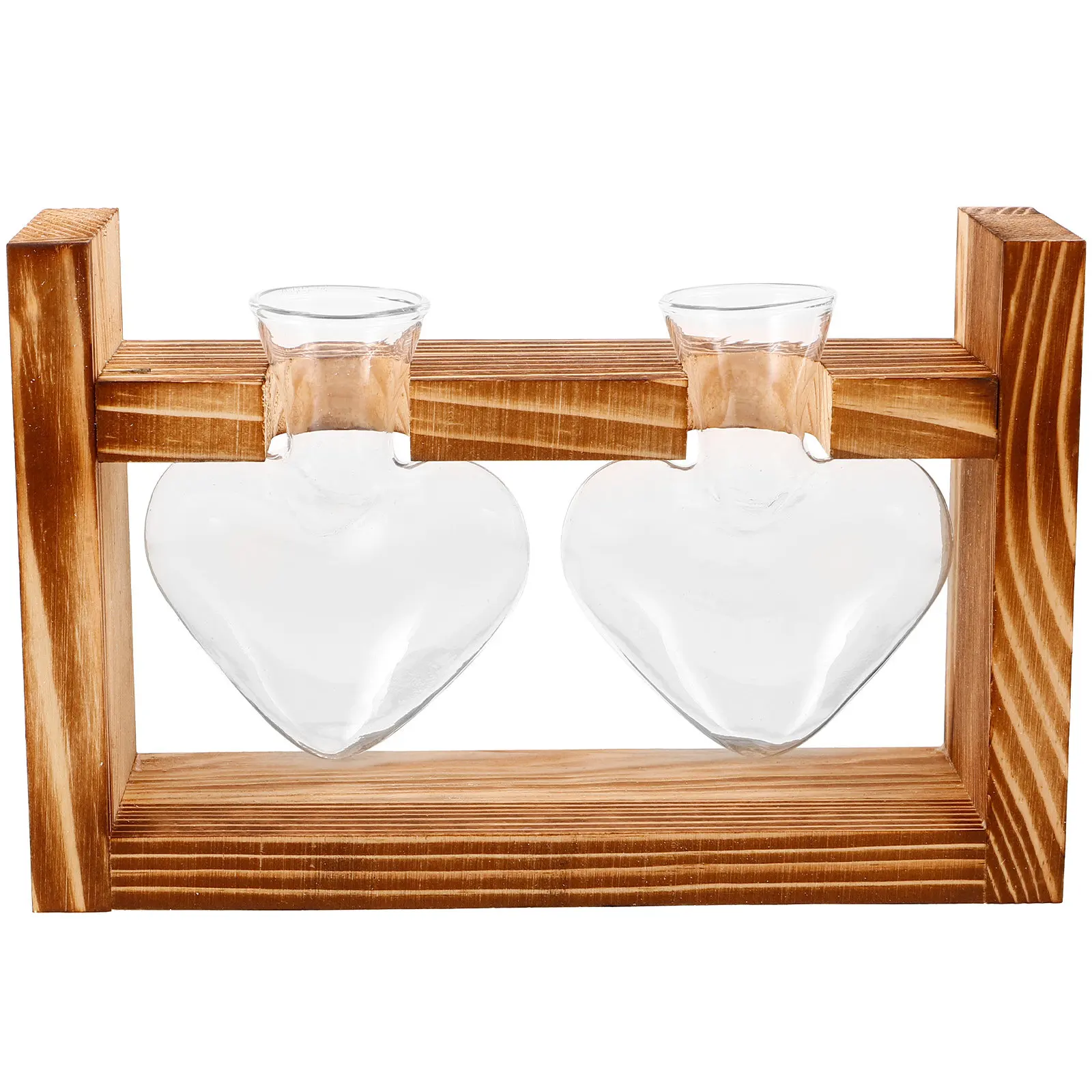 1Set Wooden Frame Glass Vase Heart Shape Vintage Style Flower Planter Home Decor Hydroponic Terrarium Desk Decoration