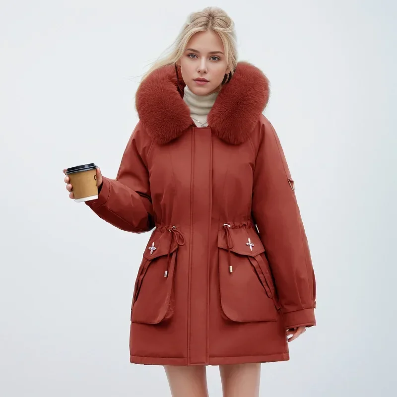 Winter Female Parkas 2024 New Detachable Inner Cotton Jacket Women\'s Thicken Fur Collar Hooded Coat Warm Snow Wear Long Parkas