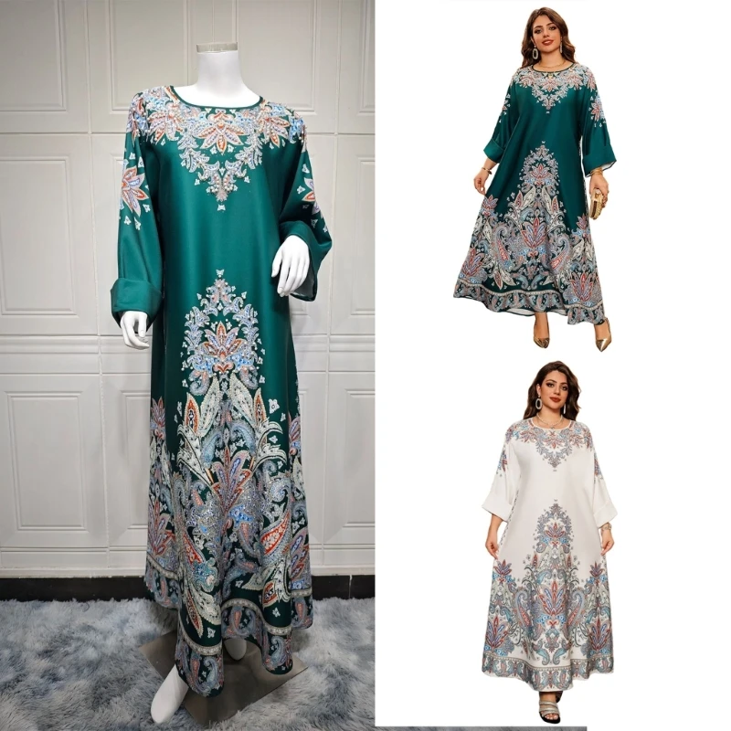 Islamic Dress for Women, Middle Eastern Robe Dress Flower Print Middle East Dress Women Islamic Robe Daily Casual Dress