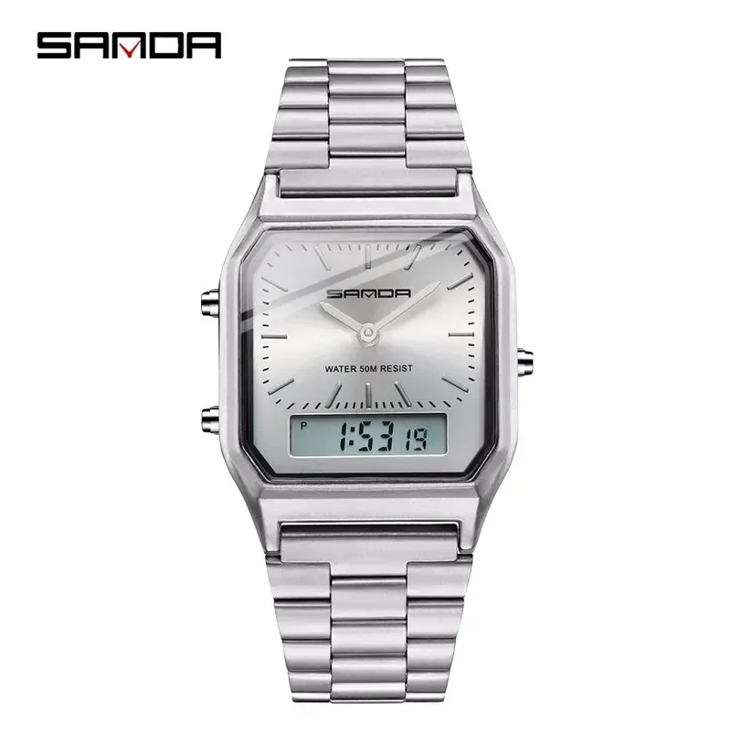 SANDA P747  Watch Luxury Mens Style Watches Stainless Steel Women LED Digital Dual Display Clock Unisex Waterproof Sports Quartz