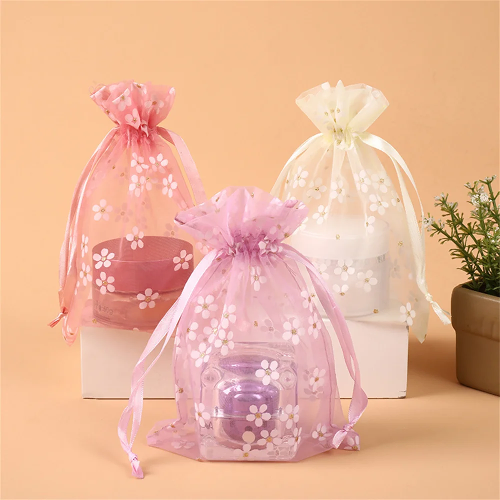 Drawstring Gift Bags Floral Display Bag for Jewelry Packing Adjustable Drawstring Pouch Wedding Gifts Organza Party