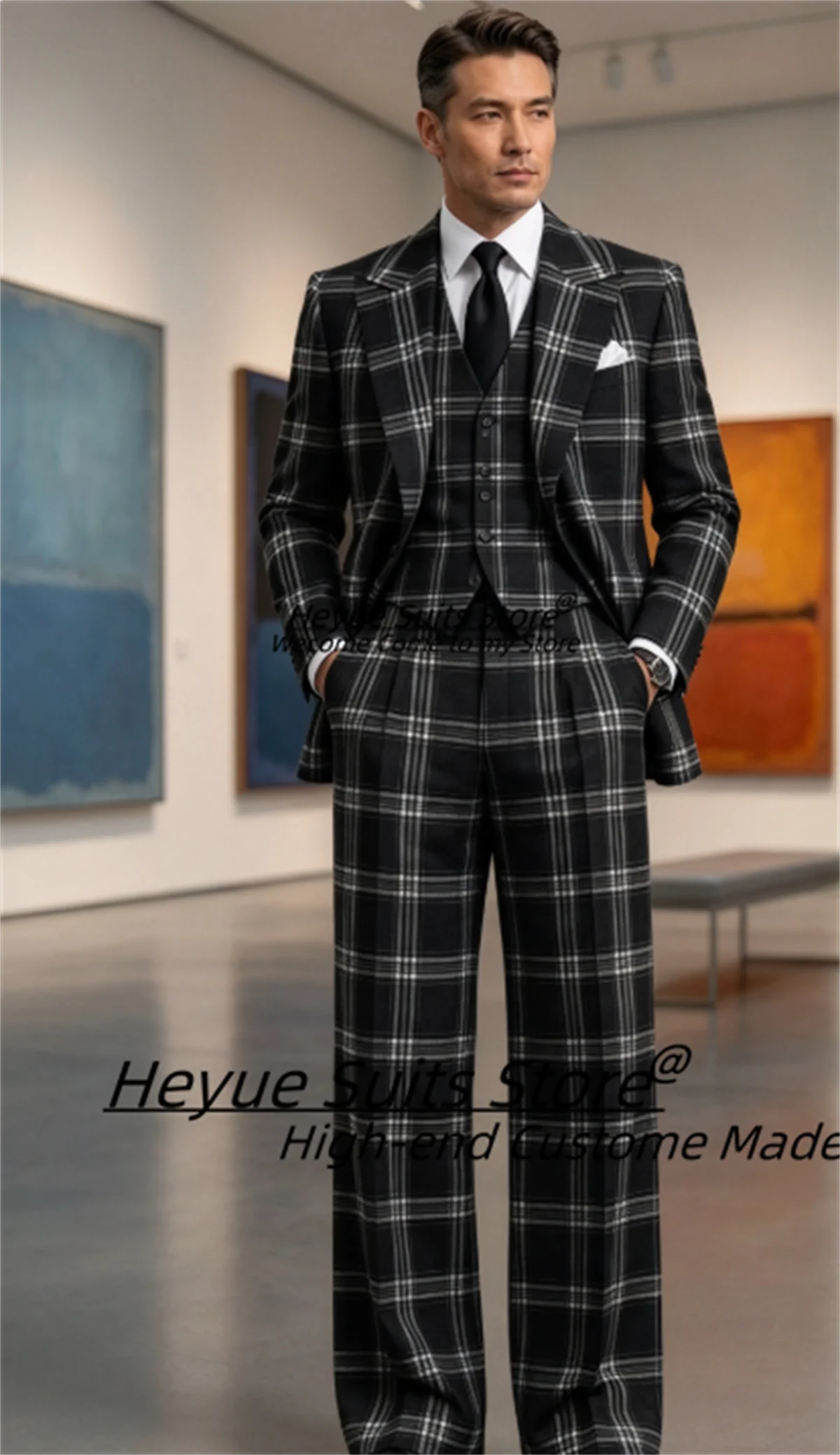 Customized Black White Plaid Men Suits Loose Peak Lapel Groom Wedding Tuxedos 3 Pieces Sets Male Business Blazers Ropa Hombre