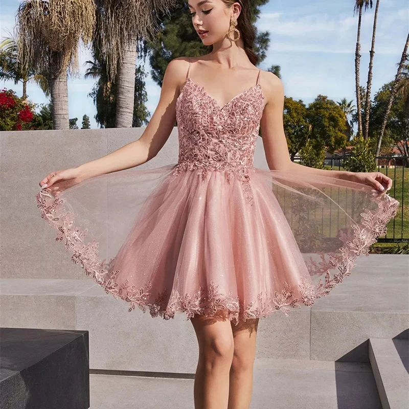 

Tulle Short Prom Dress for Wedding Party Dress Spaghetti Straps Evening Dress Tulle Homecoming Dress with Lace Trim Customized