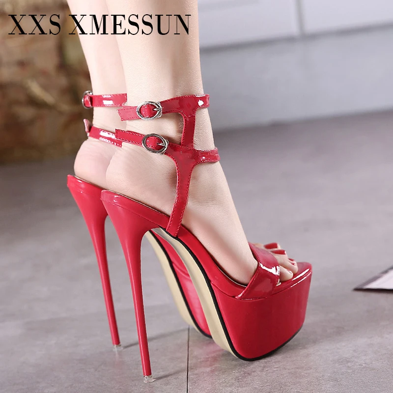 

XXS XMESSUN Новые красные женские босоножки на высоком каблуке и платформе, модные туфли с двойной пряжкой и открытым носком для свадьбы и банкетов, большие размеры