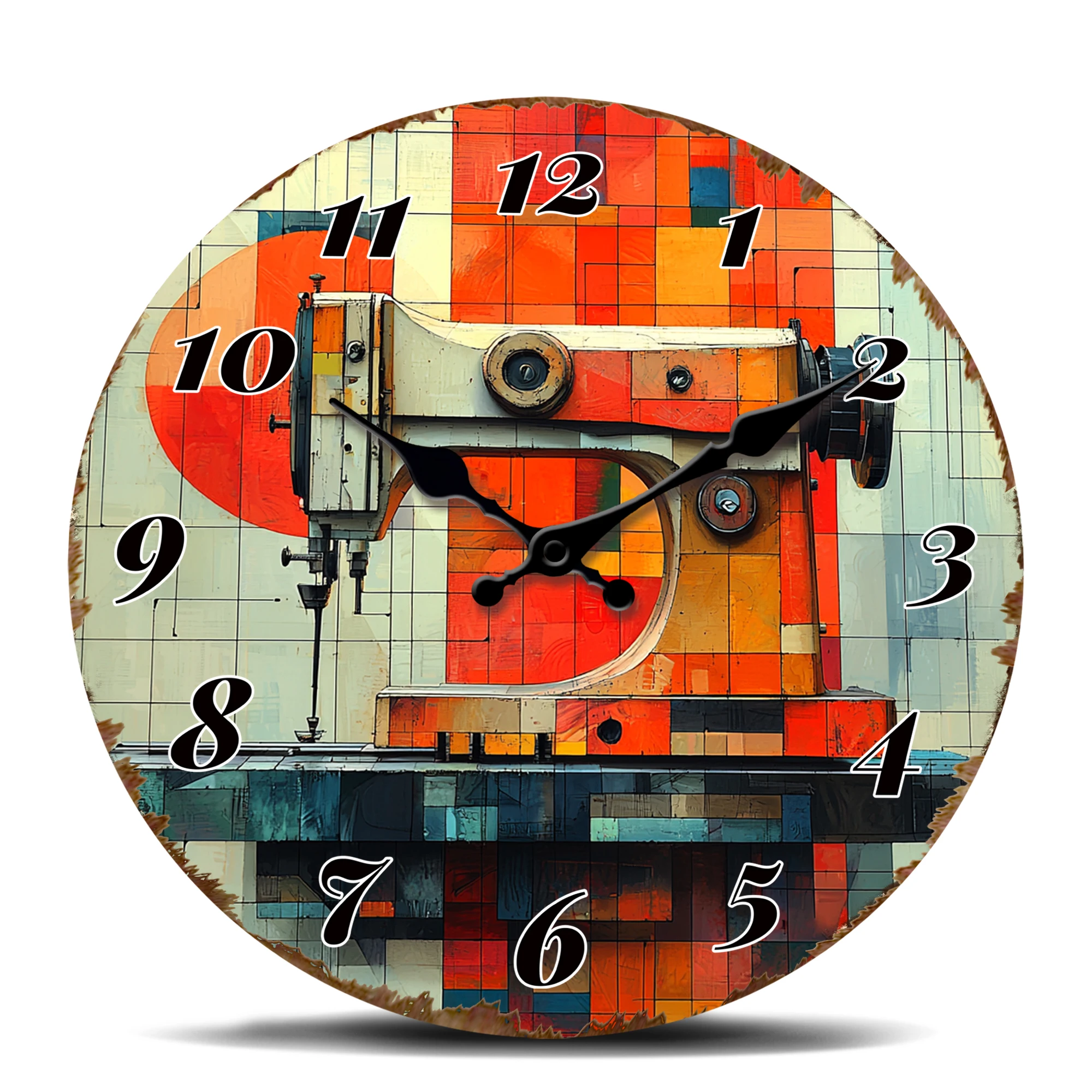 Retro Sewing Machine on Colorful Mosaic Background Wall Clock, Unique Craft Room or Studio Decor