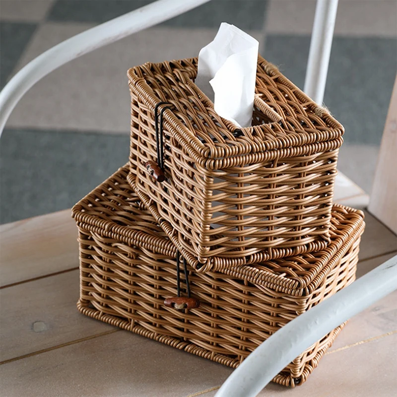 Imitated Rattan Draw Box Tissue Box Elegant Home Decoration Handmade Desktop Tissue Box Napkin Storage Box