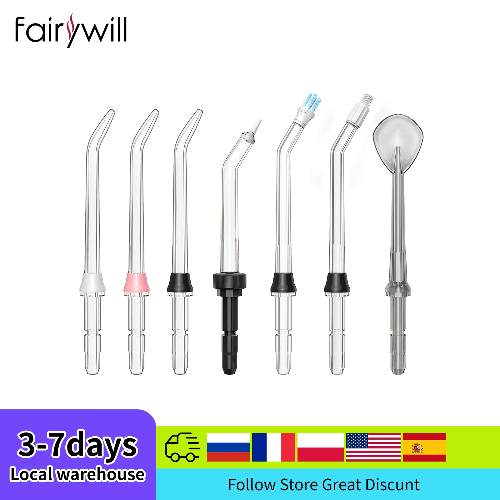 Fairywill puntas de hilo dental de agua para FW169, puntas de repuesto de 4 colores para uso familiar, limpiador de lengua, punta de ortodoncia, 7