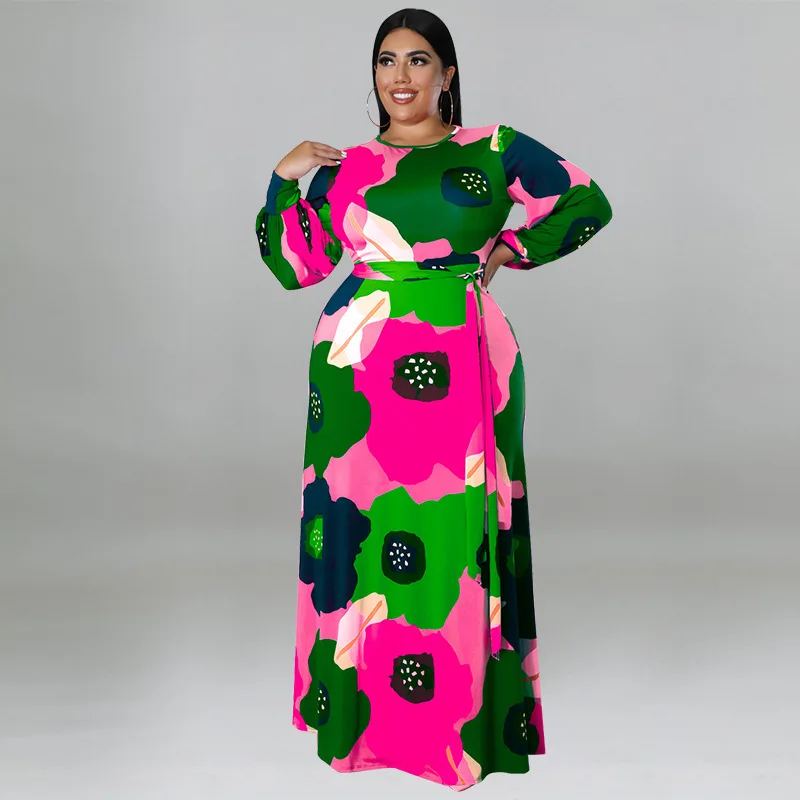 

My992 Large Women's Long Sleeved Long Skirt Large Flower Print Fashion Dress New Long Style Party Summer Elegantes Casual Y2k