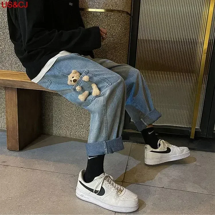 2023 New Fashion Bomb Street Jeans Men's Casual Pants Cute Pocket Bear Harajuku Wide Leg Pants Denim Pants Trend