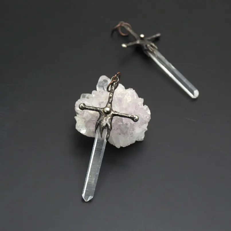 1Pcs Sword Ensiform Cross Crisscross Pendant Strength Jesus Christian Handmade Vintage Clear Crystal Soldered Jewelry