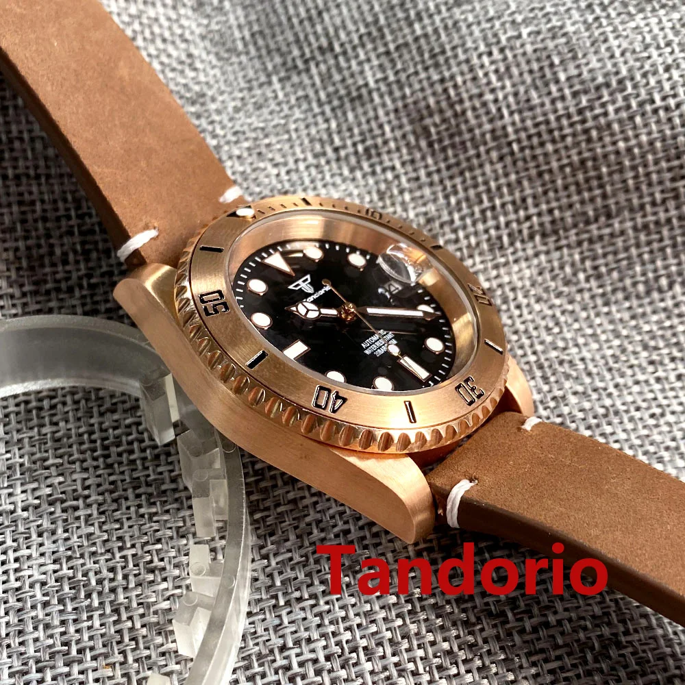 Imagem -04 - Tandorio-solid Bronze Bezel Sapphire Crystal Ver para Homens Totalmente Personalizado Nh35a Pt5000 20atm Pulseira de Couro Mergulho Auto Lume 40 mm